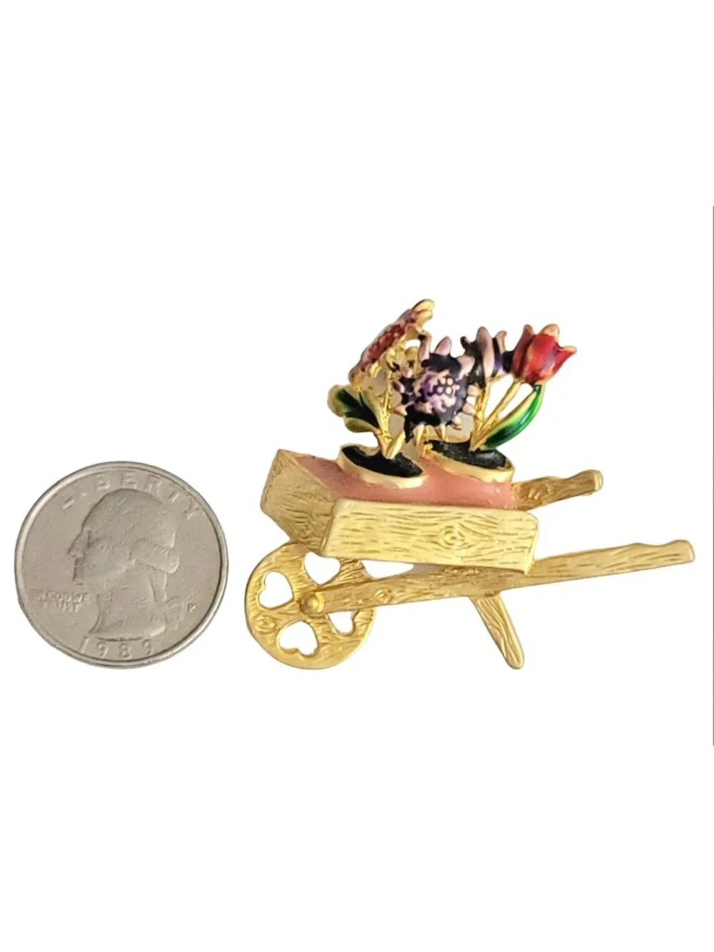 Gold Tone Pink Purple Enamel Flower Cart Wheel Barrow Brooch Pin, M427